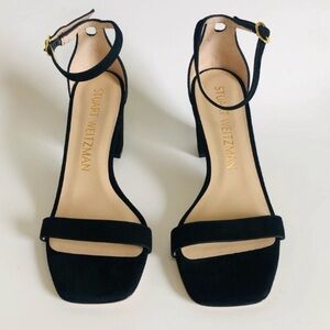 Stuart Weitzman Nudistcurve Black Suede Leather Block Heel Sandals